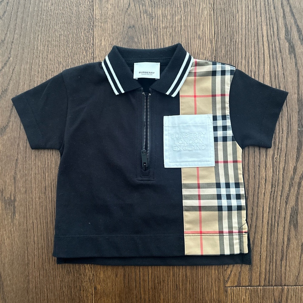 Burberry Toddler Polo, New, black and plaid, boxy fit, fits 6m-24m